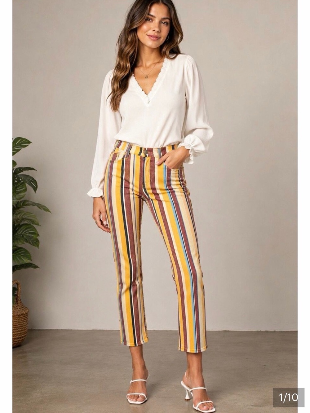 FRAME Denim Striped Multicolor Straight-Leg Cropped Pants, Size 25